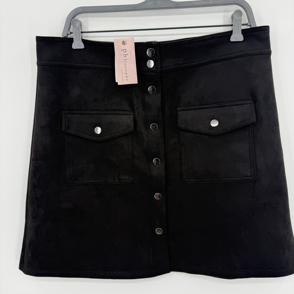Philosophy Republic Clothing Black Faux Suede Leather Button Front Mini Skirt 14